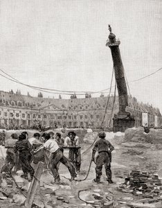 A Vendôme-oszlop lebontása a párizsi kommün idején, Párizs, Franciaország 1871-ben a The Century Illustrated Monthly Magazine-ból, 1884-ben (fametszet)